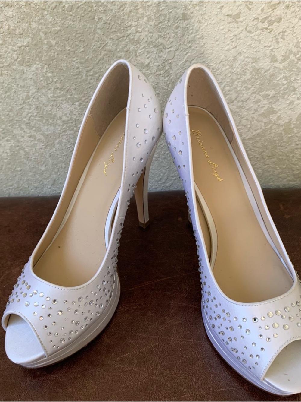 White Crystal-Embellished‎ Peep-Toe High Heels